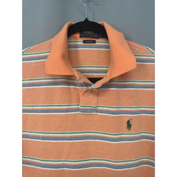 Polo Ralph Lauren Polo Shirt Mens Large Orange Stripe Custom Fit Green Pony - Picture 3 of 11